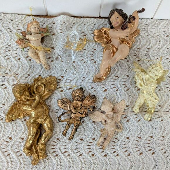 Lot 0f 7 Different Cherub Angel Ornaments - Cream/Gold Colors - Picture 1 of 5